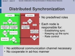 08.06.07 - INSS '07   Syncob: Collaborative Time Synchronization in Wireless Sensor Networks   16




          Distributed Synchronization
                                                      
                                                          No predefined roles
                                                      
                                                          Each node is
                                                          responsible for:
                                                            −   Establishing sync
                                                            −   Keeping up the sync
                                                            −   Rate control



  
      No additional communication channel necessary
  
      No cooperate in ad-hoc manner
 