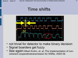 08.06.07 - INSS '07   Syncob: Collaborative Time Synchronization in Wireless Sensor Networks   17




                                  Time shifts




                         ∆t


     
         not trivial for detector to make binary decision
     
         Signal boarders get fuzzy
     
         See again:Albert Krohn, et. al.:The implementation of non-
         coherent cooperativetransmission for WSNs. INSS 06.
 