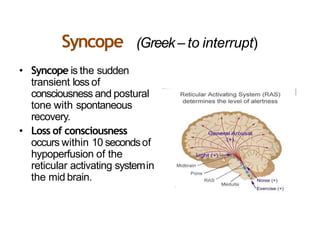 Syncope (Greek – to interrupt)
• Syncope is the sudden
transient loss of
consciousness and postural
tone with spontaneous
recovery.
• Loss of consciousness
occurs within 10 secondsof
hypoperfusion of the
reticular activating systemin
the mid brain.
 
