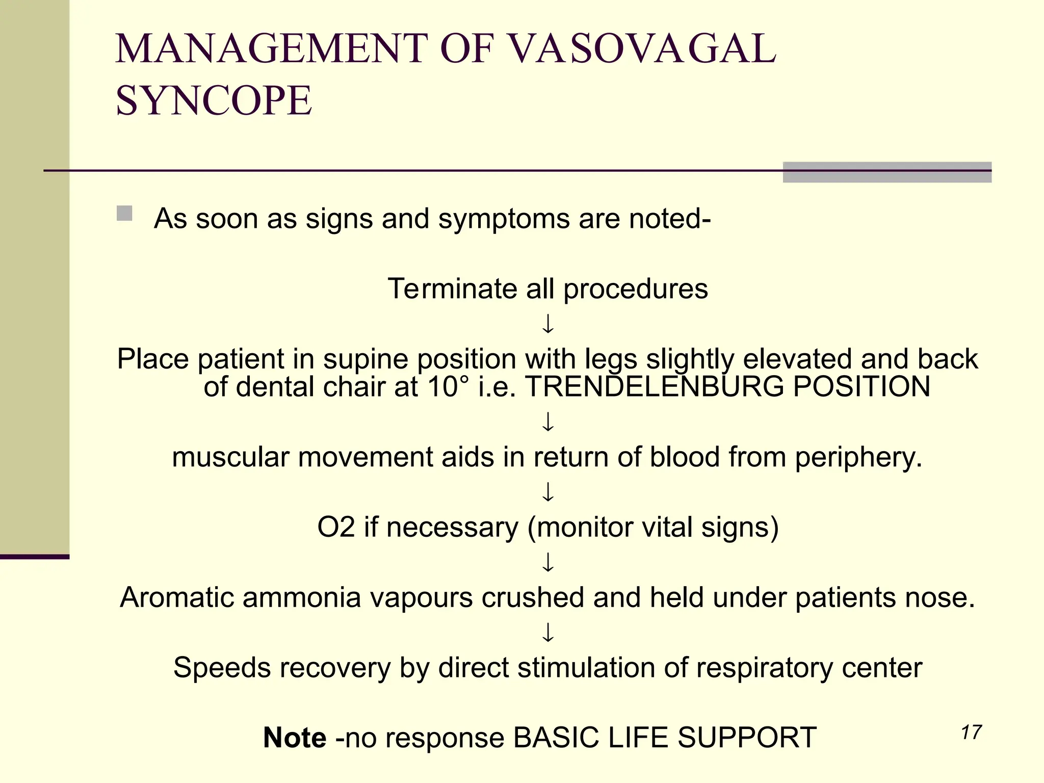 17
 As soon as signs and symptoms are noted-
Terminate all procedures

Place patient in supine position with legs slightly elevated and back
of dental chair at 10° i.e. TRENDELENBURG POSITION

muscular movement aids in return of blood from periphery.

O2 if necessary (monitor vital signs)

Aromatic ammonia vapours crushed and held under patients nose.

Speeds recovery by direct stimulation of respiratory center
Note -no response BASIC LIFE SUPPORT
MANAGEMENT OF VASOVAGAL
SYNCOPE
 