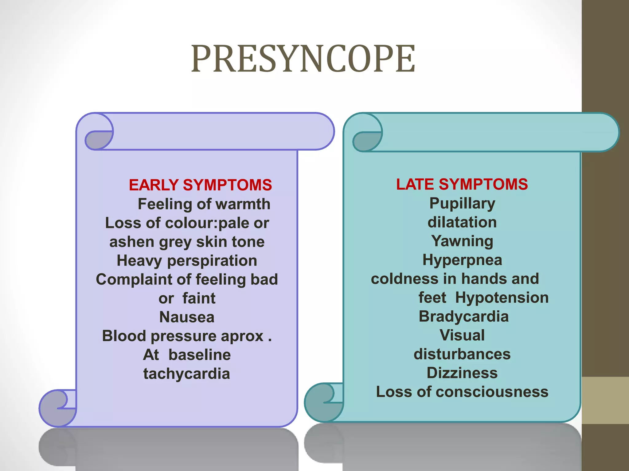 PRESYNCOPE
EARLY SYMPTOMS
Feeling of warmth
Loss of colour:pale or
ashen grey skin tone
Heavy perspiration
Complaint of feeling bad
or faint
Nausea
Blood pressure aprox .
At baseline
tachycardia
LATE SYMPTOMS
Pupillary
dilatation
Yawning
Hyperpnea
coldness in hands and
feet Hypotension
Bradycardia
Visual
disturbances
Dizziness
Loss of consciousness
 