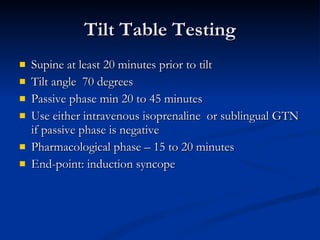 Tilt Table Testing Supine at least 20 minutes prior to tilt Tilt angle  70 degrees Passive phase min 20 to 45 minutes Use either intravenous isoprenaline  or sublingual GTN if passive phase is negative Pharmacological phase – 15 to 20 minutes End-point: induction syncope  