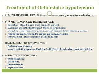Treatment of Orthostatic hypotension
 REMOVE REVERSIBLE CAUSES—----------------usually vasoactive medications
 NONPHARMACOLOGIC INTERVENTIONS
 education : staged moves from supine to upright;
 Warnings about the hypotensive effects of large meals;
 isometric counterpressure maneuvers that increase intravascular pressure
 raising the head of the bed to reduce supine hypertension.
 Intravascular volume expansion : fluid and salt.
 PHARMACOLOGIC INTERVENTION
 fludrocortisone acetate
vasoconstricting agents -midodrine, l-dihydroxyphenylserine, pseudoephedrine
 INTRACTABLE SYMPTOMS
 pyridostigmine,
 yohimbine,
 desmopressin
 erythropoietin
 
