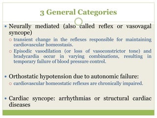 3 General Categories
 Neurally mediated (also called reflex or vasovagal
syncope)
 transient change in the reflexes resp...