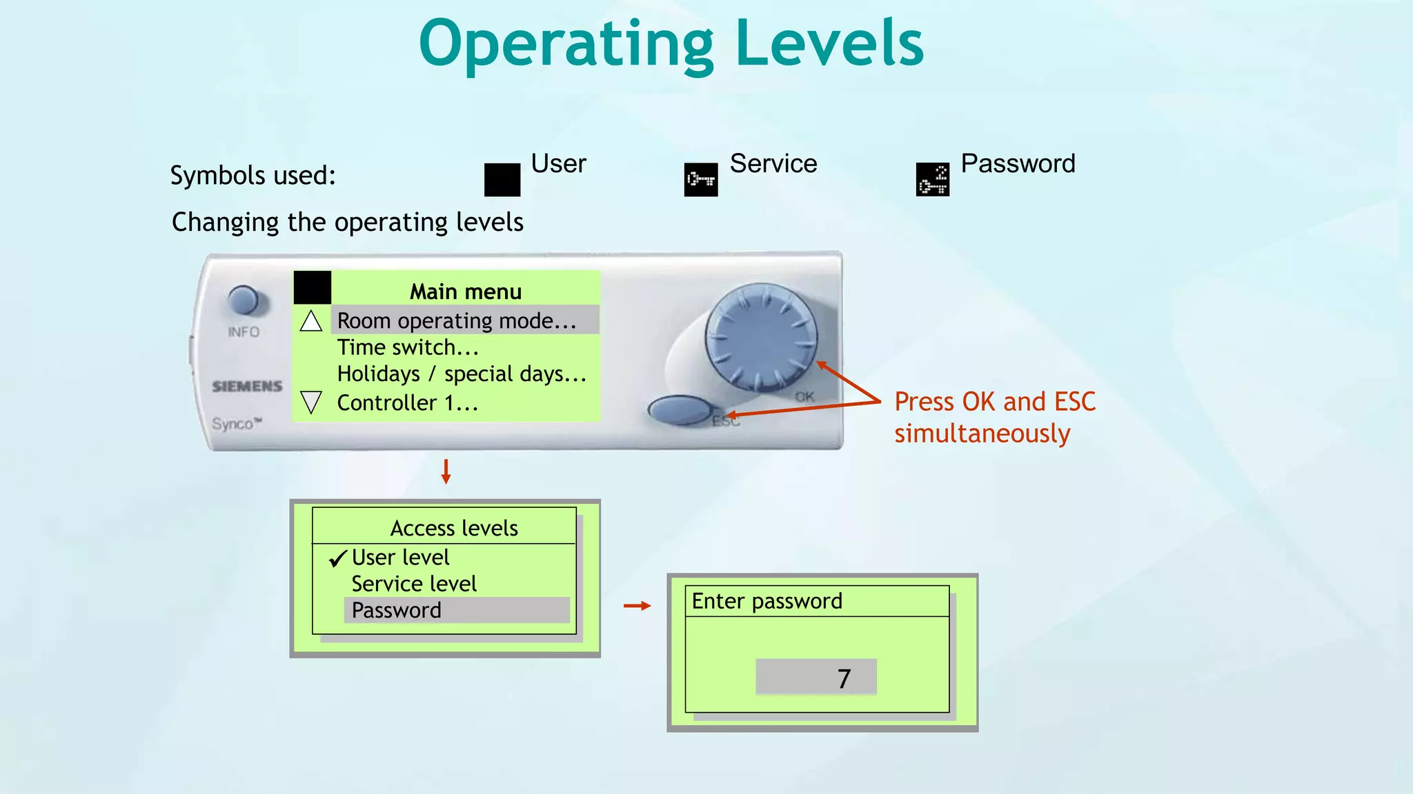 Enter password
7
Operating Levels
User Service Password
Press OK and ESC
simultaneously
Main menu
Room operating mode...
Time switch...
Holidays / special days...
Controller 1...
Access levels
User level
Service level
Password

Symbols used:
Changing the operating levels
 