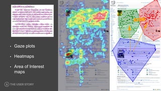 • Gaze plots
• Heatmaps
• Area of Interest
maps
 