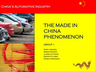 China’s Automotive Industry




                       THE MADE IN
                       CHINA
                       PHENOMENON
                       GROUP 1

                       Mark Lombardi
                       Serena Raymon
                       Llewellyn Tsang
                       Marcela Flores
                       Daniela Arriagada
 
