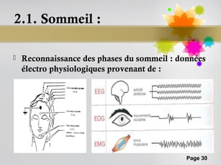 2.1. Sommeil :

   Reconnaissance des phases du sommeil : données
    électro physiologiques provenant de :




                                             Page 30
 