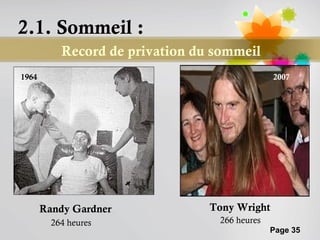 2.1. Sommeil :
           Record de privation du sommeil
1964                                           2007




       Randy Gardner             Tony Wright
         264 heures               266 heures
                                               Page 35
 