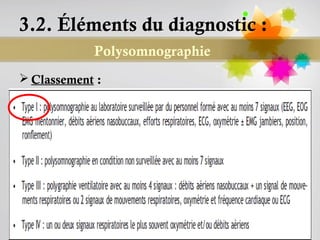 3.2. Éléments du diagnostic :
            Polysomnographie
 Classement :




                                Page 85
 