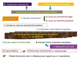    Irrégularités respiratoires    Alternance hypoventilation / hyperventilation    Déclenchement des apnées Arguments     Apnées uniquement Au cours du sommeil lent léger Au cours du sommeil paradoxal    Jamais au cours du sommeil lent profond    La respiration reste stable et régulière La respiration reste périodique après trachéotomie en cas de SAOS Chez les sujets en bonne santé    Induction d'une respiration périodique    Obstruction des VAS    hypoventilation    Diminution d'activité des m. oropharyngés Retard d'activation des m. dilatateurs par rapport aux m. respiratoires  