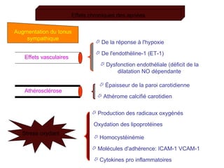 Effets chroniques des apnées Augmentation du tonus sympathique Effets vasculaires    De la réponse à l'hypoxie    De l'endothéline-1 (ET-1)    Dysfonction endothéliale (déficit de la dilatation NO dépendante Athérosclérose    Épaisseur de la paroi carotidienne    Athérome calcifié carotidien Stress oxydant Oxydation des lipoprotéines    Production des radicaux oxygénés    Homocystéinémie     Molécules d'adhérence: ICAM-1 VCAM-1    Cytokines pro inflammatoires 