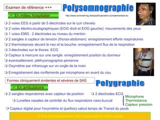 Polysomnographie Examen de référence +++    En milieu hospitalier    En ambulatoire    2 voies EEG à partir de 5 électrodes sur le cuir chevelu    2 voies électro-oculographiques (EOG droit et EOG gauche): mouvements des yeux    1 voies EMG : 2 électrodes au niveau du menton    Capteur à mercure sur une sangle: enregistrement position du dormeur    2 thermistances devant le nez et la bouche: enregistrement flux de la respiration    3 électrodes sur le thorax: ECG    2 sangles à capteur de tension (thorax-abdomen): enregistrement efforts respiratoires    éventuellement: pléthysmographie pénienne    Oxymétrie par infrarouge sur un ongle de la main    Enregistrement des ronflements par microphone en avant du cou Formes cliniquement évidentes et sévères de SAS    2 sangles respiratoires avec capteur de position    2 électrodes ECG    Lunettes nasales de contrôle du flux respiratoire naso-buccal Capteur digital pour l'oxymétrie et (parfois) calcul temps de Transit du pouls    Pas d'enregistrement des hypopnées et micro éveils http://www.sommeil-mg.net/spip/Exploration-complementaire-du Polygraphie Capteur pression Microphone  Thermistance  