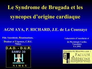 Le Syndrome de Brugada et les syncopes d’origine cardiaque Pôle  A nesthésie,  R éanimations,  D ouleur et  U rgences, C.H.U. Nîmes Laboratoire d’Anesthésie et  de Physiologie Cardio-Vasculaire EA 2992  AGM AYA, P. RICHARD, J.E. de La Coussaye  D.A.D. - D.U.R.  SAMU 30 N  I  M  E  S 