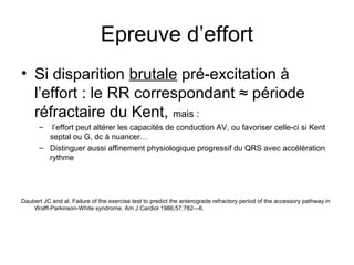Epreuve d’effort
• Si disparition brutale pré-excitation à
l’effort : le RR correspondant ≈ période
réfractaire du Kent, mais :
– l’effort peut altérer les capacités de conduction AV, ou favoriser celle-ci si Kent
septal ou G, dc à nuancer…
– Distinguer aussi affinement physiologique progressif du QRS avec accélération
rythme
Daubert JC and al. Failure of the exercise test to predict the anterograde refractory period of the accessory pathway in
Wolff-Parkinson-White syndrome. Am J Cardiol 1986;57:782—6.
 