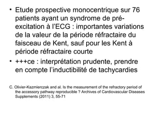 • Etude prospective monocentrique sur 76
patients ayant un syndrome de pré-
excitation à l’ECG : importantes variations
de la valeur de la période réfractaire du
faisceau de Kent, sauf pour les Kent à
période réfractaire courte
• +++ce : interprétation prudente, prendre
en compte l’inductibilité de tachycardies
C. Olivier-Kazmierczak and al. Is the measurement of the refractory period of
the accessory pathway reproducible ? Archives of Cardiovascular Diseases
Supplements (2011) 3, 55-71
 