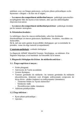 25
antérieurs avec ses franges graisseuses, ses kystes pleuro-péricardiques ou les
thymomes « éloignés » de leur site d’origine ;
– Les masses du compartiment médiastinal moyen : pathologie para-trachéo-
œsophagienne faite des kystes et des tumeurs, ainsi que des adénomégalies
disposées tout autour.
– Les masses du compartiment médiastinal postérieur : pathologie dominée
par les tumeurs neurogènes.
b. Orientation tissulaire :
Le radiologue classe les masses médiastinales selon leur dominante
densitométrique en masses graisseuses, liquidiennes, tissulaires, vasculaires ou
inclassables.
De là, naît une autre gamme de possibilités étiologiques qui va restreindre la
première, venue du siège tumoral (compartiment).
L’anatomo-pathologie : certitude étiologique
Le diagnostic définitif dépend de l'examen histologique, au minimum d'un
fragment biopsique, et au maximum de l'ensemble de la tumeur.
1. Diagnostic étiologique des lésions du médiastin antérieur :
1.1. Étagessupérieuret moyen :
 Goitre plongeant.
 Anévrysme de l’aorte ascendante.
 Lésions thymiques.
 Tumeurs germinales du médiastin : les tumeurs germinales du médiastin
(dysembryome, tératome) sont d'origine embryonnaire composées de
tissus divers : adultes (matures) ou embryonnaires (immatures).
- Tératomes bénins ou "kystes dermoîdes"
- Séminome malin
- Dysembryomes malins immatures
 Adénome parathyroïdien.
1.2. Étage inférieur :
 Kyste pleuro-péricardique :
 Lipomes :
 