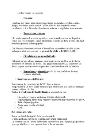 5
• cordes vocales : dysphonie.
- Cyanose :
Localisée aux mains et au visage (nez, lèvres, pommettes, oreilles, ongles,
doigts) Accentuée par la toux et l’effort. Elle est due au ralentissement
circulatoire et à la distension des réseaux veineux et capillaires sous-cutanés.
- Turgescence veineuse :
Elle atteint surtout les veines jugulaires, mais aussi les veines sublinguales,
veines des fosses nasales, veines rétiniennes (visibles au fond d’œil). Elle peut
entraîner épistaxis et hémoptysies.
Ces éléments du trépied veineux s’intensifient en position couchée ou par
inclinaison du tronc en avant : « signe de la bêche » de SORLANO.
- Circulation veineuse collatérale :
Débutant par des vibices violacées ou télangiectasies visibles sur les faces
antérieures et latérales du thorax. Elle prédomine dans les 2/3 supérieurs du
thorax et peut prendre un développement considérable en tête de méduse.
- Somnolence et céphalées defin de nuit, traduisant la stase
veineuse cérébrale.
 Syndrome cave inférieure :
Rare à cause du court trajet de la VCI dans le thorax.
Responsabled’un bloc supra-hépatique par obstruction des voies de drainage
veineux efférent du foie.
Réalise le syndrome de Budd Chiari qui se manifeste par :
– Circulation veineuse collatérale thoraco-abdominale.
– Hépatomégalie ferme lisse régulière douloureuse spontanée ou à l’effort,
– Reflux hépato-jugulaire.
– Ascite avec ombilic déplissé.
– OMI.
3.2. Signes artériels :
Rares, du fait de la rigidité de la paroi artérielle.
L’aorte est beaucoup moins touchée que l’artère pulmonaire.
La compressionde l’artère pulmonaire se manifeste par : dyspnée, palpitations,
syncopeà l'effort, et une cyanose dans la forme avancée.
 