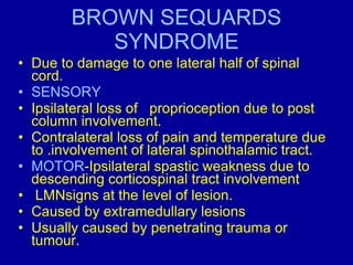 BROWN SEQUARDS SYNDROME <ul><li>Due to damage to one lateral half of spinal cord. </li></ul><ul><li>SENSORY </li></ul><ul>...