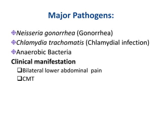 Major Pathogens:
Neisseria gonorrhea (Gonorrhea)
Chlamydia trachomatis (Chlamydial infection)
Anaerobic Bacteria
Clinical manifestation
Bilateral lower abdominal pain
CMT
 