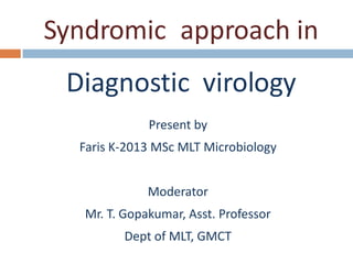 Syndromic approach in
Diagnostic virology
Present by
Faris K-2013 MSc MLT Microbiology
Moderator
Mr. T. Gopakumar, Asst. Professor
Dept of MLT, GMCT
 