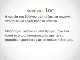 Κανόνας 1ος
Η πορεία του δείπνου μας πρέπει να πηγαίνει
από το λευκό κρασί προς το κόκκινο.
Μπορούμε ωστόσο να επιλέξουμε μόνο ένα
κρασί το οποίο ουσιαστικά θα πρέπει να
ταιριάζει περισσότερο με το κυρίως πιάτο μας.
 
