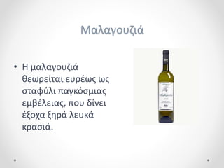 Μαλαγουζιά
• Η μαλαγουζιά
θεωρείται ευρέως ως
σταφύλι παγκόσμιας
εμβέλειας, που δίνει
έξοχα ξηρά λευκά
κρασιά.
 