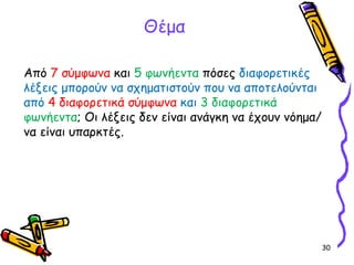 30
Από 7 σύμφωνα και 5 φωνήεντα πόσες διαφορετικές
λέξεις μπορούν να σχηματιστούν που να αποτελούνται
από 4 διαφορετικά σύμφωνα και 3 διαφορετικά
φωνήεντα; Οι λέξεις δεν είναι ανάγκη να έχουν νόημα/
να είναι υπαρκτές.
Θέμα
 