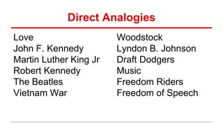 Direct Analogies
Love
John F. Kennedy
Martin Luther King Jr
Robert Kennedy
The Beatles
Vietnam War
Woodstock
Lyndon B. Johnson
Draft Dodgers
Music
Freedom Riders
Freedom of Speech
 