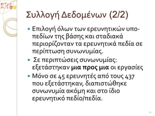Συλλογή Δεδομένων (2/2)Επιλογή όλων των ερευνητικών υπο-πεδίων της βάσης και σταδιακά περιορίζονταν τα ερευνητικά πεδία σε περίπτωση συνωνυμίας. Σε περιπτώσεις συνωνυμίας: εξετάστηκαν μια προς μια οι εργασίεςΜόνο σε 45 ερευνητές από τους 437 που εξετάστηκαν, διαπιστώθηκε συνωνυμία ακόμη και στο ίδιο ερευνητικό πεδίο/πεδία. 10