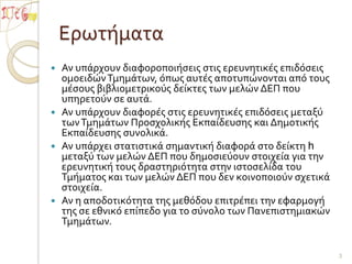 ΕρωτήματαΑν υπάρχουν διαφοροποιήσεις στις ερευνητικές επιδόσεις ομοειδών Τμημάτων, όπως αυτές αποτυπώνονται από τους μέσους βιβλιομετρικούς δείκτες των μελών ΔΕΠ που υπηρετούν σε αυτά.Αν υπάρχουν διαφορές στις ερευνητικές επιδόσεις μεταξύ των Τμημάτων Προσχολικής Εκπαίδευσης και Δημοτικής Εκπαίδευσης συνολικά.Αν υπάρχει στατιστικά σημαντική διαφορά στο δείκτη h μεταξύ των μελών ΔΕΠ που δημοσιεύουν στοιχεία για την ερευνητική τους δραστηριότητα στην ιστοσελίδα του Τμήματος και των μελών ΔΕΠ που δεν κοινοποιούν σχετικά στοιχεία.Αν η αποδοτικότητα της μεθόδου επιτρέπει την εφαρμογή της σε εθνικό επίπεδο για το σύνολο των Πανεπιστημιακών Τμημάτων.  3