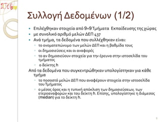 Συλλογή Δεδομένων (1/2)Επιλέχθηκαν στοιχεία από 9+9Τμήματα  Εκπαίδευσης της χώρας με συνολικό αριθμό μελών ΔΕΠ 437Ανά τμήμα, τα δεδομένα που συλλέχθηκαν είναι:το ονοματεπώνυμο των μελών ΔΕΠ και η βαθμίδα τουςοι δημοσιεύσεις και οι αναφορέςτο αν δημοσιεύουν στοιχεία για την έρευνα στην ιστοσελίδα του τμήματος ο δείκτης hΑπό τα δεδομένα που συγκεντρώθηκαν υπολογίστηκαν για κάθε τμήμα το ποσοστό μελών ΔΕΠ που αναφέρουν στοιχεία στην ιστοσελίδα του Τμήματοςο μέσος όρος και η τυπική απόκλιση των δημοσιεύσεων, των ετεροαναφορών και του δείκτη h. Επίσης, υπολογίστηκε η διάμεσος (median) για το δείκτη h. 9