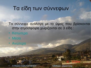 Τα είδη των σύννεφων Τα σύννεφα ανάλογα με το ύψος που βρίσκονται στην ατμόσφαιρα χωρίζονται σε 3 είδη : Κατώτερα  Μέσα  Ανώτερα ΛΥΚΕΙΟ ΑΣΚΛΗΠΙΕΙΟΥ  ΟΜΑΔΑ:  etwenning 