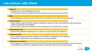Les acteurs Client
• Partagent leur vision stratégique du projet
• Communiquent auprès des utilisateurs et les impliquent aux moments clés du projet
Sponsor
• Pilote l’intégration technique avec le reste du SI en relation avec le chef de projet côté client
DSI
• Pilote l’équipe projet côté client, écoute et implique le sponsor, le DSI et les utilisateurs clés pendant les
phases de cadrage et de validation
• Communiquent auprès des utilisateurs et les impliquent aux moments clés du projet
Chef de projet
• Administre la plateforme Salesforce et en assure le support auprès des utilisateurs
Administrateur SF
• Sont impliqués dans les phases d’analyse, de conception, d’intégration et de validation
• Participent au déploiement, aux formations et au suivi de l’adoption
Utilisateurs clés
• Sont impliqués si nécessaire à des moments clés du projet et donnent leurs feedbacks, sont formés pour
accompagner l’ensemble des utilisateurs finaux en tant que référents au sein des équipes
Utilisateurs champions
Les acteurs côté Client
 