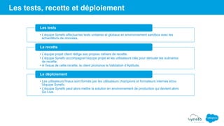 Les tests, recette et déploiement
• L’équipe Synefo effectue les tests unitaires et globaux en environnement sandbox avec les
échantillons de données.
Les tests
• L’équipe projet client rédige ses propres cahiers de recette.
• L’équipe Synefo accompagne l’équipe projet et les utilisateurs clés pour dérouler les scénarios
de recette.
• A l’issue de cette recette, Ie client prononce la Validation d’Aptitude.
La recette
• Les utilisateurs finaux sont formés par les utilisateurs champions et formateurs internes et/ou
l’équipe Synefo.
• L’équipe Synefo peut alors mettre la solution en environnement de production qui devient alors
Go Live.
Le déploiement
 