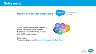 100% dédié à la technologie Salesforce
Afin de maîtriser sa chaîne de valeur
Expérience sur Salesforce depuis 2006
Plus de 80 projets réalisés
Notre mission :
Vous accompagner dans la réussite de vos projets Salesforce
Partenaire certifié Salesforce
Notre métier
 
