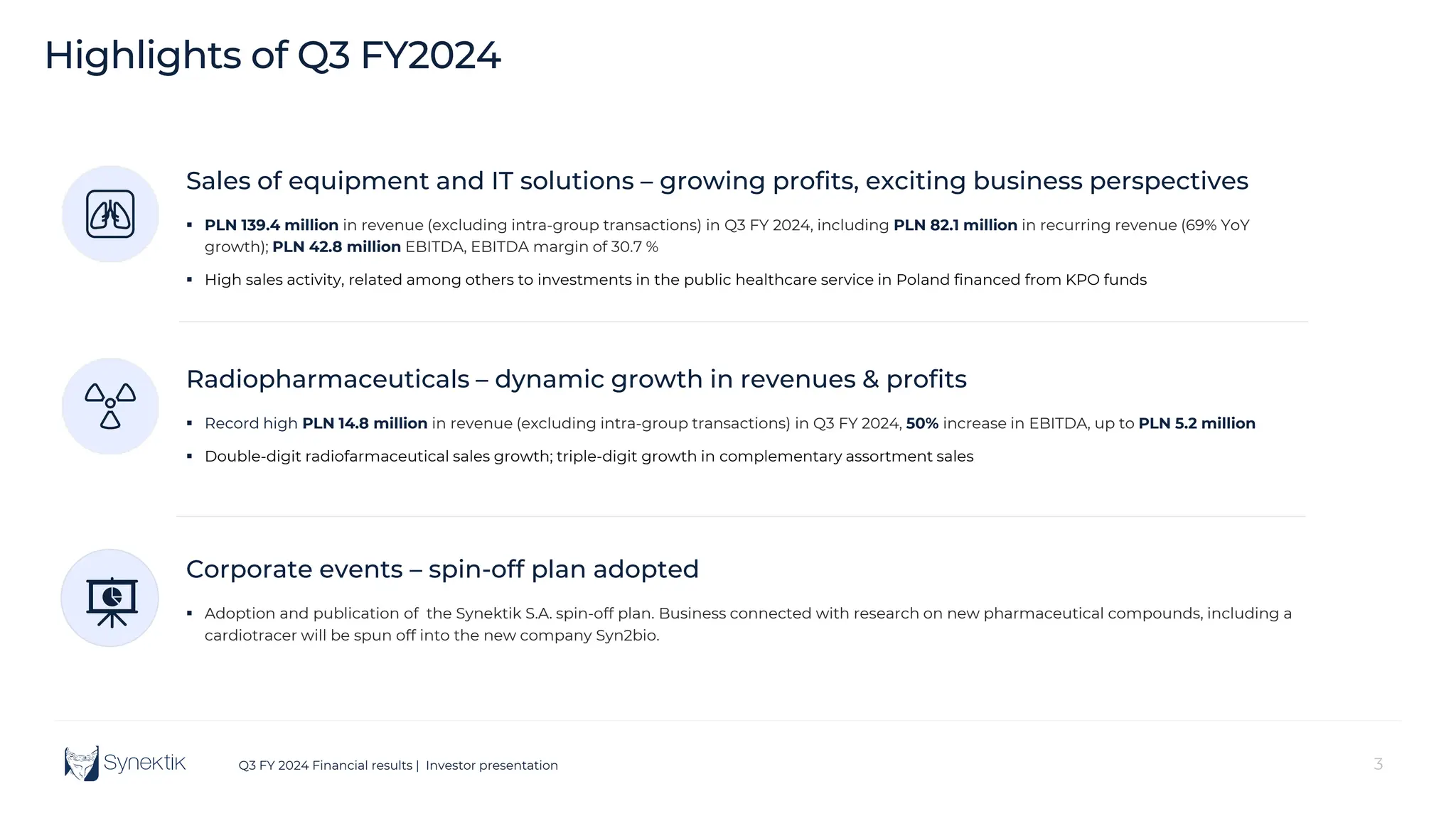 3
Q3 FY 2024 Financial results | Investor presentation
Corporate events – spin-off plan adopted
 Adoption and publication of the Synektik S.A. spin-off plan. Business connected with research on new pharmaceutical compounds, including a
cardiotracer will be spun off into the new company Syn2bio.
Radiopharmaceuticals – dynamic growth in revenues & profits
 Record high PLN 14.8 million in revenue (excluding intra-group transactions) in Q3 FY 2024, 50% increase in EBITDA, up to PLN 5.2 million
 Double-digit radiofarmaceutical sales growth; triple-digit growth in complementary assortment sales
Highlights of Q3 FY2024
Sales of equipment and IT solutions – growing profits, exciting business perspectives
 PLN 139.4 million in revenue (excluding intra-group transactions) in Q3 FY 2024, including PLN 82.1 million in recurring revenue (69% YoY
growth); PLN 42.8 million EBITDA, EBITDA margin of 30.7 %
 High sales activity, related among others to investments in the public healthcare service in Poland financed from KPO funds
 