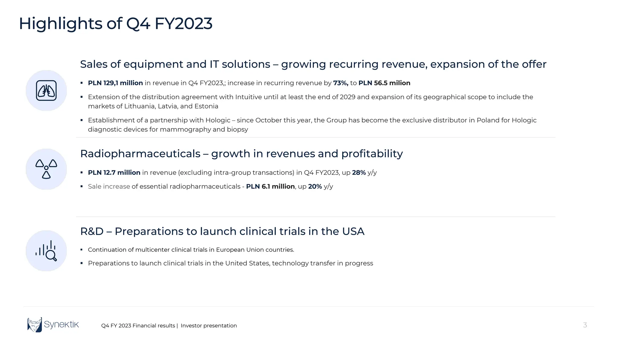 3
Q4 FY 2023 Financial results | Investor presentation
Highlights of Q4 FY2023
Sales of equipment and IT solutions – growing recurring revenue, expansion of the offer
 PLN 129,1 million in revenue in Q4 FY2023,; increase in recurring revenue by 73%, to PLN 56.5 milion
 Extension of the distribution agreement with Intuitive until at least the end of 2029 and expansion of its geographical scope to include the
markets of Lithuania, Latvia, and Estonia
 Establishment of a partnership with Hologic – since October this year, the Group has become the exclusive distributor in Poland for Hologic
diagnostic devices for mammography and biopsy
Radiopharmaceuticals – growth in revenues and profitability
 PLN 12.7 million in revenue (excluding intra-group transactions) in Q4 FY2023, up 28% y/y
 Sale increase of essential radiopharmaceuticals - PLN 6.1 million, up 20% y/y
R&D – Preparations to launch clinical trials in the USA
 Continuation of multicenter clinical trials in European Union countries.
 Preparations to launch clinical trials in the United States, technology transfer in progress
 