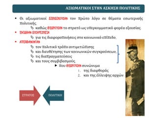 ▪ Οι αξιωματικοί ΔΙΕΚΔΙΚΟΥΣΑΝ τον πρώτο λόγο σε θέματα εσωτερικής
πολιτικής,
 καθώς ΘΕΩΡΟΥΣΑΝ το στρατό ως υπερκομματικό φορέα εξουσίας.
▪ ΕΝΙΩΘΑΝ ΔΥΣΑΡΕΣΚΕΙΑ
 για τις διαφοροποιήσεις στο κοινωνικό επίπεδο,
▪ ΑΠΕΧΘΑΝΟΝΤΑΝ
 τον πολιτικό τρόπο αντιμετώπισης
 και διευθέτησης των κοινωνικών συγκρούσεων,
 τις διαπραγματεύσεις
 και τους συμβιβασμούς,
 που ΘΕΩΡΟΥΣΑΝ συνώνυμα
1. της διαφθοράς
2. και της έλλειψης αρχών.
ΑΞΙΩΜΑΤΙΚΟΙ ΣΤΗΝ ΑΣΚΗΣΗ ΠΟΛΙΤΙΚΗΣ
ΣΤΡΑΤΟΣ ΠΟΛΙΤΙΚΗ
 