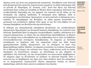 Αμέσως μετά την ήττα στη μικρασιατική εκστρατεία, επενέβησαν στην πολιτική
ζωή αξιωματικοί που ηγούνταν στρατιωτικών σωμάτων τα οποία επέστρεφαν από
το μέτωπο (Ν. Πλαστήρας, Στ. Γονατάς, κ.λπ.). Αυτό που όξυνε την πολιτική
κατάσταση ήταν η δίκη και καταδίκη σε θάνατο πέντε κορυφαίων πολιτικών της
αντιβενιζελικής παράταξης και του αρχηγού του στρατού της Μ. Ασίας, με την
κατηγορία της εσχάτης προδοσίας. Η κατηγορία ήταν αβάσιμη, αλλά οι
κατηγορούμενοι εκτελέστηκαν, προκειμένου να κατευναστούν οι πρόσφυγες και ο
στρατός. Το τηλεγράφημα του Βενιζέλου, το οποίο έμμεσα συνιστούσε τη
ματαίωση των εκτελέσεων, έφθασε πολύ αργά, αν και δεν είναι βέβαιο ότι μια
έγκαιρη παρέμβαση του Βενιζέλου θα είχε αποτέλεσμα.
ΠΟΛΙΤΙΚΕΣ
ΕΞΕΛΙΞΕΙΣ
Επεμβάσεις
στρατιωτικών
Δίκη των Έξι
Η επιθυμία για επαγγελματική εξασφάλιση βενιζελικών και αντιβενιζελικών
αξιωματικών δημιούργησε μια δυναμική διαρκούς παρέμβασης του στρατού στην
πολιτική. Παράλληλα προς τα κόμματα, συγκροτήθηκαν «ομάδες» απότακτων ή εν
ενεργεία αξιωματικών, οι οποίοι όλο και περισσότερο προσπαθούσαν να θέσουν
υπό τον έλεγχο τους το Κοινοβούλιο και τις κυβερνήσεις και εν τέλει να επιβάλουν
αντικοινοβουλευτικά συστήματα διακυβέρνησης. Τα κόμματα με δυσκολία
κατόρθωναν να ξεφύγουν από τον ασφυκτικό κλοιό και πολύ συχνά
χρησιμοποιούσαν ομάδες αξιωματικών, για να επιτύχουν τα δικά τους
βραχυπρόθεσμα σχέδια. Εξάλλου, τα κόμματα ευνοούσαν τις εντάσεις, θεωρώντας
ότι η πόλωση θα ενίσχυε την ενότητά τους. Όμως, υιοθετώντας αυτή τη στάση,
περιόριζαν τις δυνατότητες ελιγμών, με αποτέλεσμα να μην μπορούν να
σχεδιάζουν νέες πολιτικές, για την αντιμετώπιση των κοινωνικών προβλημάτων.
Τα κόμματα είχαν τη δυνατότητα να ελέγξουν το πολιτικό παιγνίδι, διότι η
κοινωνία και τα προβλήματά της είχαν γίνει τόσο σύνθετα, ώστε δεν μπορούσαν
να τα διαχειριστούν στρατιωτικοί. Εκείνοι μπορούσαν εύκολα να κάνουν
πραξικόπημα, αλλά δεν ήταν ικανοί να ασκήσουν την εξουσία.
ΣΥΝΕΠΕΙΕΣ
ΣΤΗ ΔΡΑΣΗ
ΤΩΝ
ΚΟΜΜΑΤΩΝ
Τακτική
κομμάτων
 