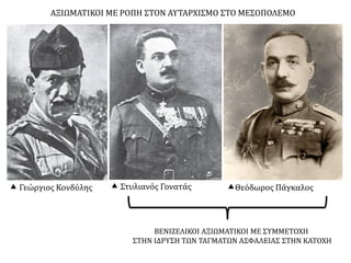 ΑΞΙΩΜΑΤΙΚΟΙ ΜΕ ΡΟΠΗ ΣΤΟΝ ΑΥΤΑΡΧΙΣΜΟ ΣΤΟ ΜΕΣΟΠΟΛΕΜΟ
Θεόδωρος Πάγκαλος Στυλιανός Γονατάς
ΒΕΝΙΖΕΛΙΚΟΙ ΑΞΙΩΜΑΤΙΚΟΙ ΜΕ ΣΥΜΜΕΤΟΧΗ
ΣΤΗΝ ΙΔΡΥΣΗ ΤΩΝ ΤΑΓΜΑΤΩΝ ΑΣΦΑΛΕΙΑΣ ΣΤΗΝ ΚΑΤΟΧΗ
 Γεώργιος Κονδύλης
 