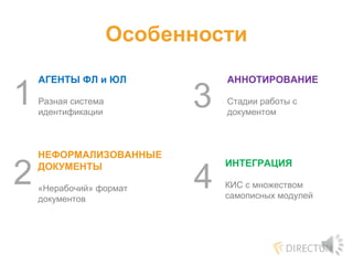 Особенности
ИНТЕГРАЦИЯ
КИС с множеством
самописных модулей
АГЕНТЫ ФЛ и ЮЛ
Разная система
идентификации
НЕФОРМАЛИЗОВАННЫЕ
ДОКУМЕНТЫ
«Нерабочий» формат
документов
АННОТИРОВАНИЕ
Стадии работы с
документом
1
2 4
3
 