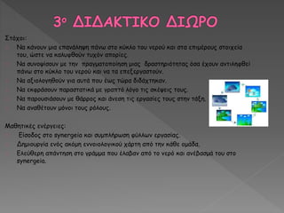 Στόχοι: 
Να κάνουν μια επανάληψη πάνω στο κύκλο του νερού και στα επιμέρους στοιχεία 
του, ώστε να καλυφθούν τυχόν απορίες. 
Να συνοψίσουν με την πραγματοποίηση μιας δραστηριότητας όσα έχουν αντιληφθεί 
πάνω στο κύκλο του νερού και να τα επεξεργαστούν. 
Να αξιολογηθούν για αυτά που έως τώρα διδάχτηκαν. 
Να εκφράσουν παραστατικά με γραπτό λόγο τις σκέψεις τους. 
Να παρουσιάσουν με θάρρος και άνεση τις εργασίες τους στην τάξη. 
Να αναθέτουν μόνοι τους ρόλους. 
Μαθητικές ενέργειες: 
Είσοδος στο synergeia και συμπλήρωση φύλλων εργασίας. 
Δημιουργία ενός ακόμη εννοιολογικού χάρτη από την κάθε ομάδα. 
Ελεύθερη απάντηση στο γράμμα που έλαβαν από το νερό και ανέβασμά του στο 
synergeia. 
 