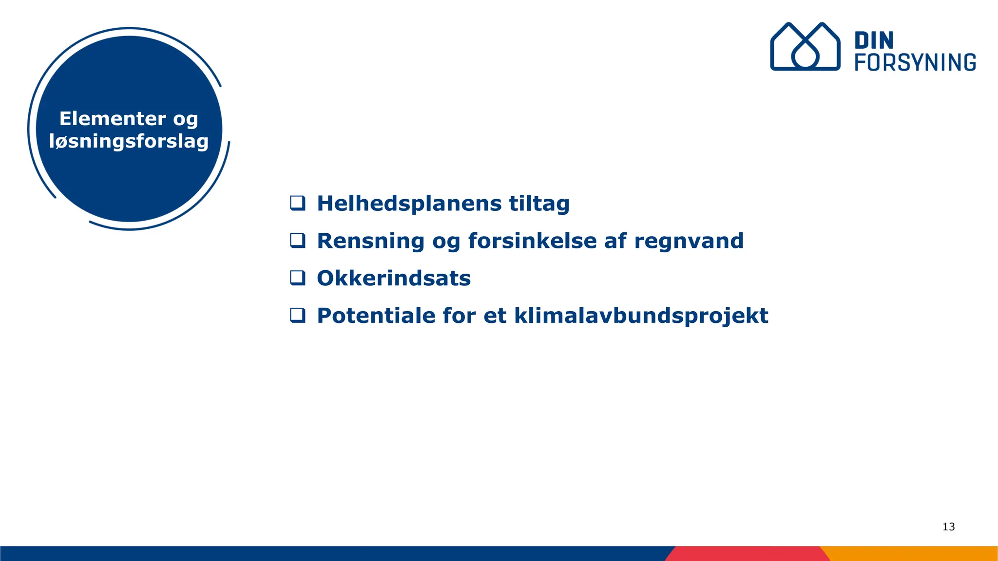 13
❑ Helhedsplanens tiltag
❑ Rensning og forsinkelse af regnvand
❑ Okkerindsats
❑ Potentiale for et klimalavbundsprojekt
Elementer og
løsningsforslag
 
