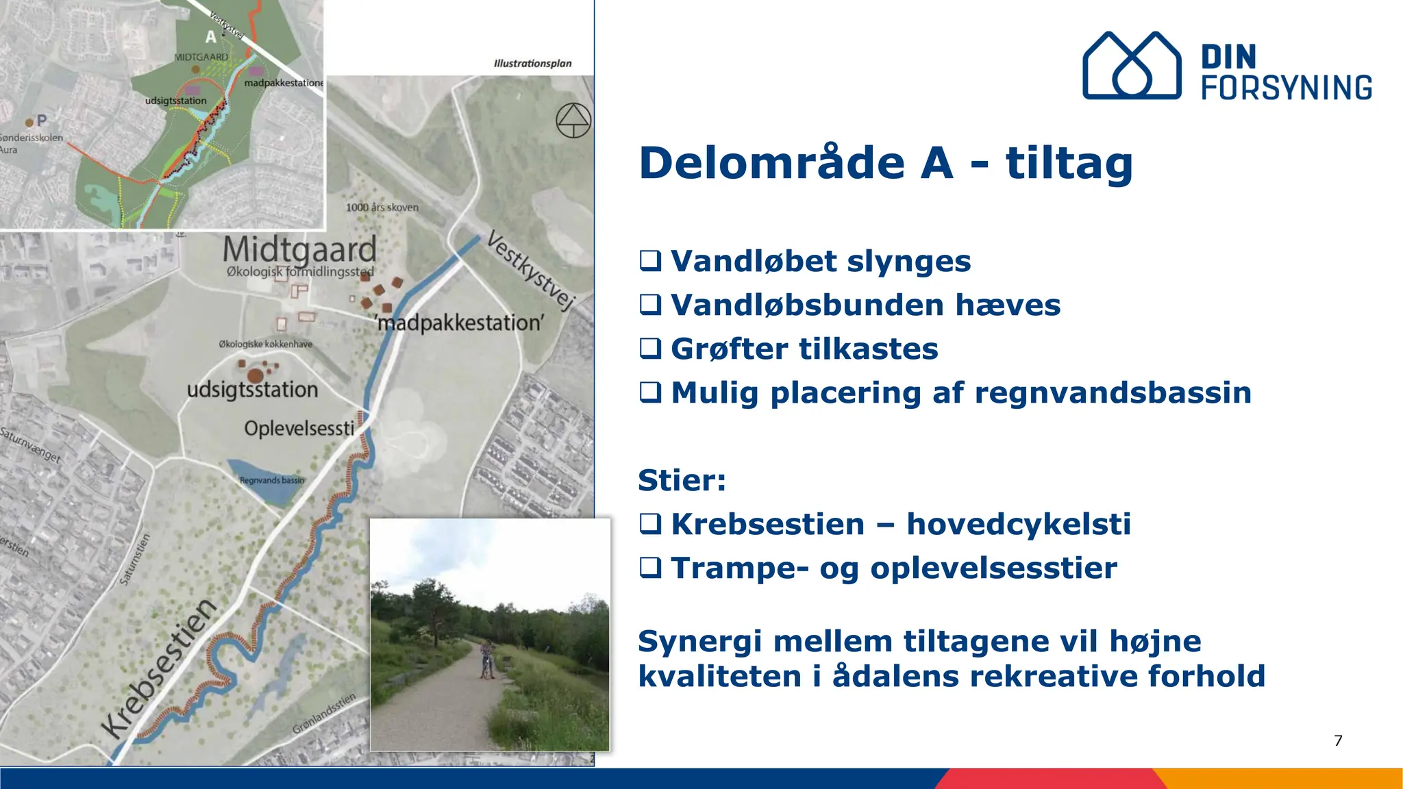 7
❑ Vandløbet slynges
❑ Vandløbsbunden hæves
❑ Grøfter tilkastes
❑ Mulig placering af regnvandsbassin
Stier:
❑ Krebsestien – hovedcykelsti
❑ Trampe- og oplevelsesstier
Delområde A - tiltag
Synergi mellem tiltagene vil højne
kvaliteten i ådalens rekreative forhold
 