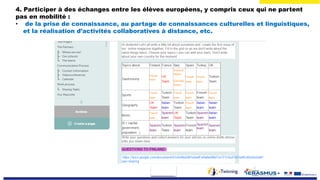 4. Participer à des échanges entre les élèves européens, y compris ceux qui ne partent
pas en mobilité :
• de la prise de connaissance, au partage de connaissances culturelles et linguistiques,
et la réalisation d’activités collaboratives à distance, etc.
 