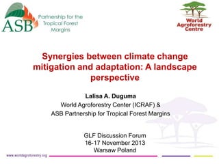 Synergies between climate change
mitigation and adaptation: A landscape
perspective
Lalisa A. Duguma
World Agroforestry Center (ICRAF) &
ASB Partnership for Tropical Forest Margins

GLF Discussion Forum
16-17 November 2013
Warsaw Poland

 
