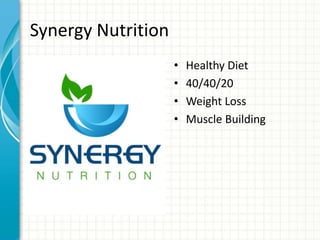 Synergy Nutrition
• Healthy Diet
• 40/40/20
• Weight Loss
• Muscle Building
 