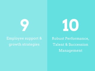 Employee support &
growth strategies
Robust Performance,
Talent & Succession
Management
9 10
 