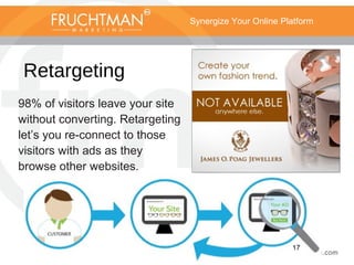 17
Synergize Your Online Platform
Retargeting
98% of visitors leave your site
without converting. Retargeting
let’s you re-connect to those
visitors with ads as they
browse other websites.
 